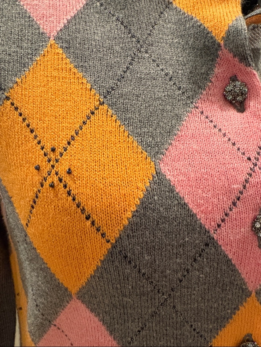 New York & Company Argyle Cardigan in Gray, Pink, and Orange - Picture 4 of 5